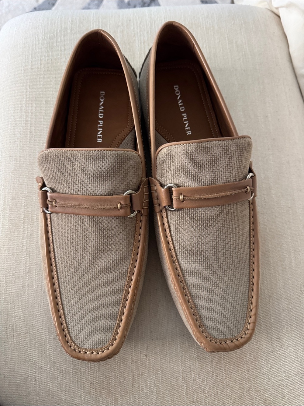 Donald J. Pliner Men’s Beige Canvas and Brown Leather Slip-On Loafers